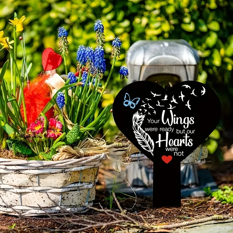 Outdoor yard grave decorationOne wing ready but our hearts are not yet—heart-shaped tombstone marker for cemetery memorial sign