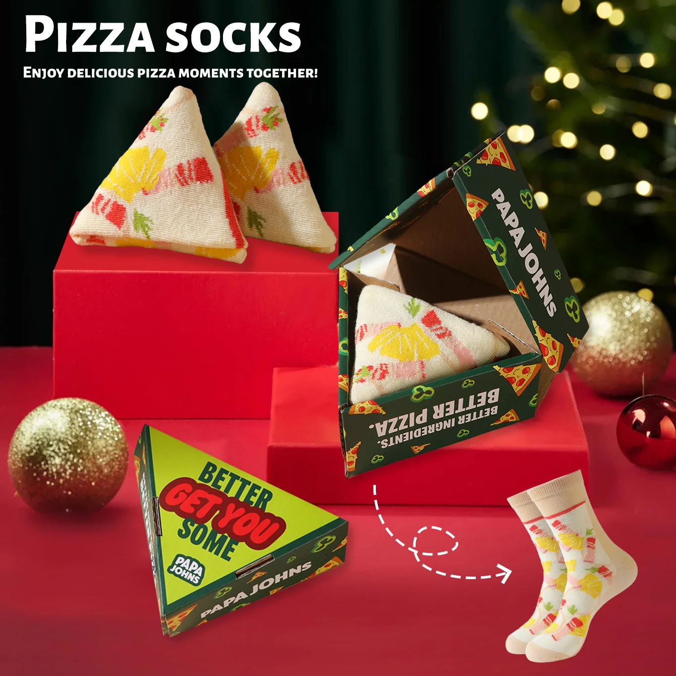 1 Paar mittelhohe Herrensocken, geeignet für Männer und Frauen, neuartig und lustig, bunte grüne Geschenkbox-Pizza-Socken, europäischer und amerikanischer Modetrend-Stil, bequem und atmungsaktiv,