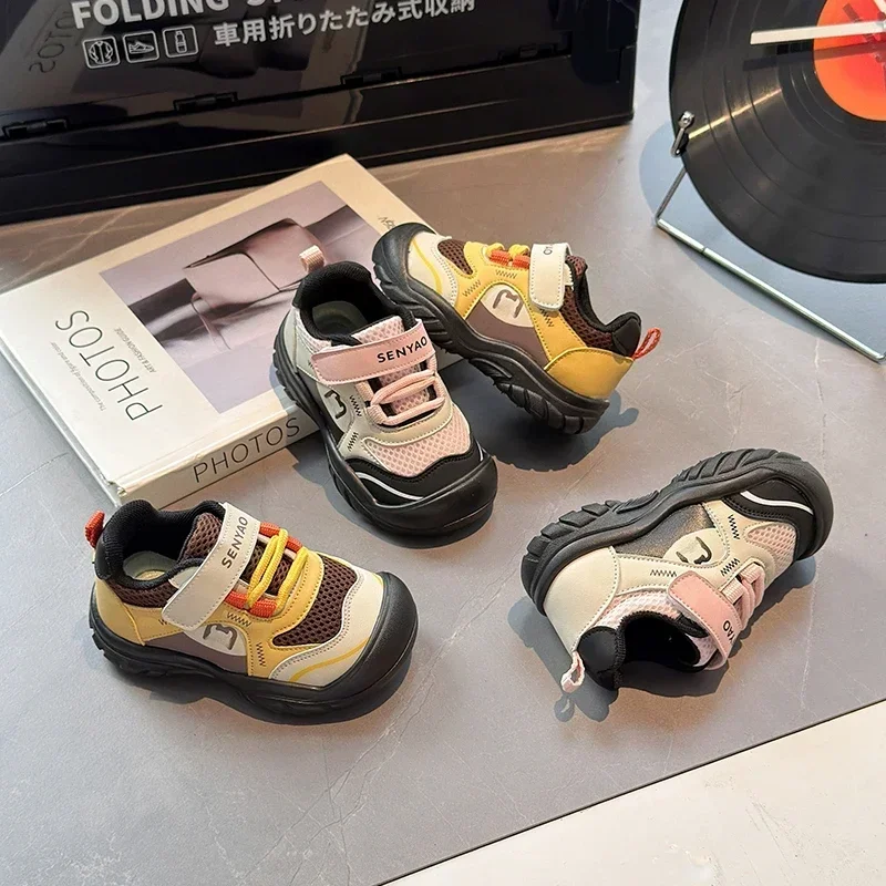 Kids Outdoor Hiking‑Style Sneakers Breathable PU Spliced Hook and Loop Anti‑Collision Toe Non‑Slip Sole Boys Girls Walking Shoes