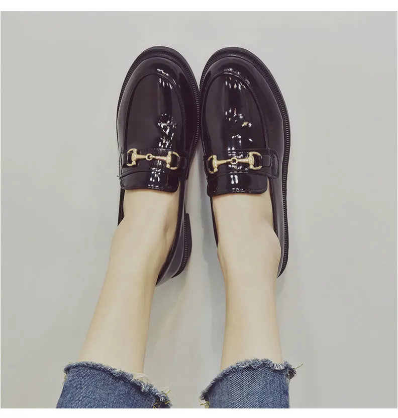 Withered British style retro fashion elegant buckle patent leather solid hedging loafers women shoes women flat shoes women