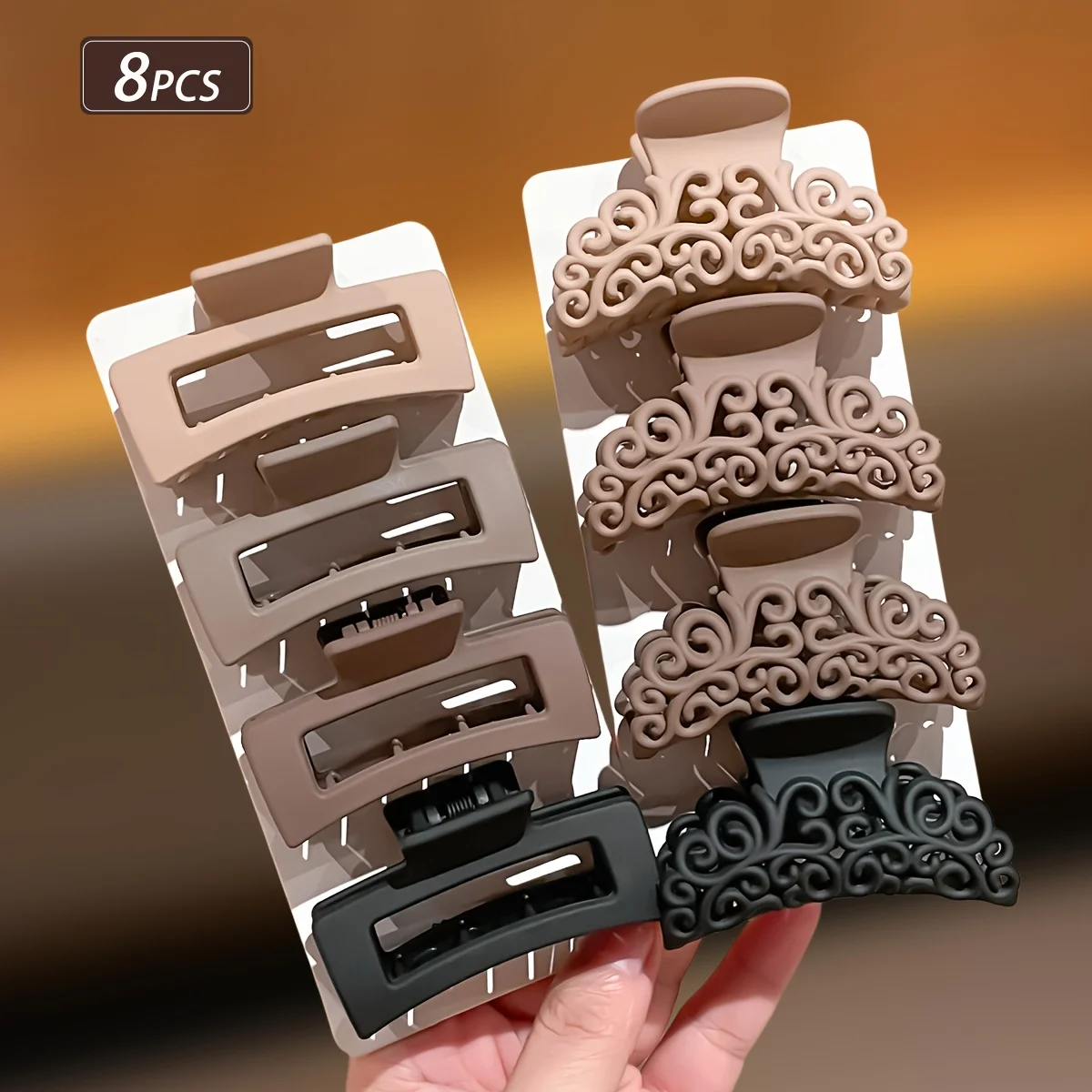 8Pcs Women's Square Patterned Shark Clips, Women's Hair Accessories, Medium-Sized Hair Clips in Coffee Color and Black, Vintage Simple Style, Suitable for Daily Wear, Holiday Wear, and Beach Vacations view 4