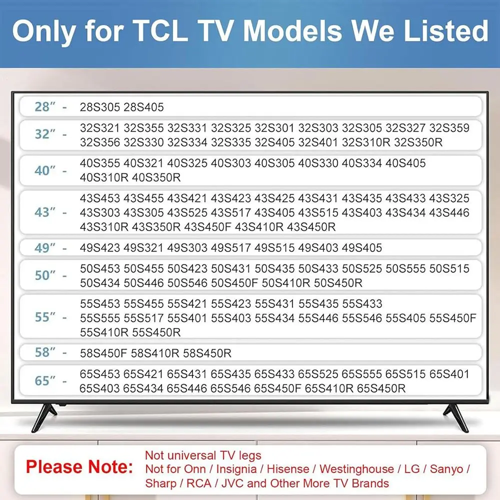 Replacement Non-slip TV Stand with Screws Strong TV stand legs No Drilling Solid Support Base Stand for TCL/Roku
