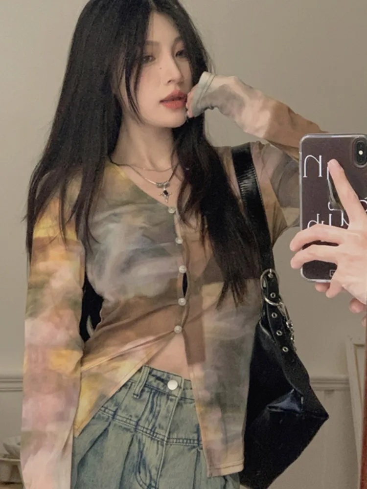 

Summer Tie-dye Women Harajuku Vintage Shirt 2024 Slim Single Breasted Grunge Blouse Y2k Aesthetic Bottoming Blusas Mujer De Moda