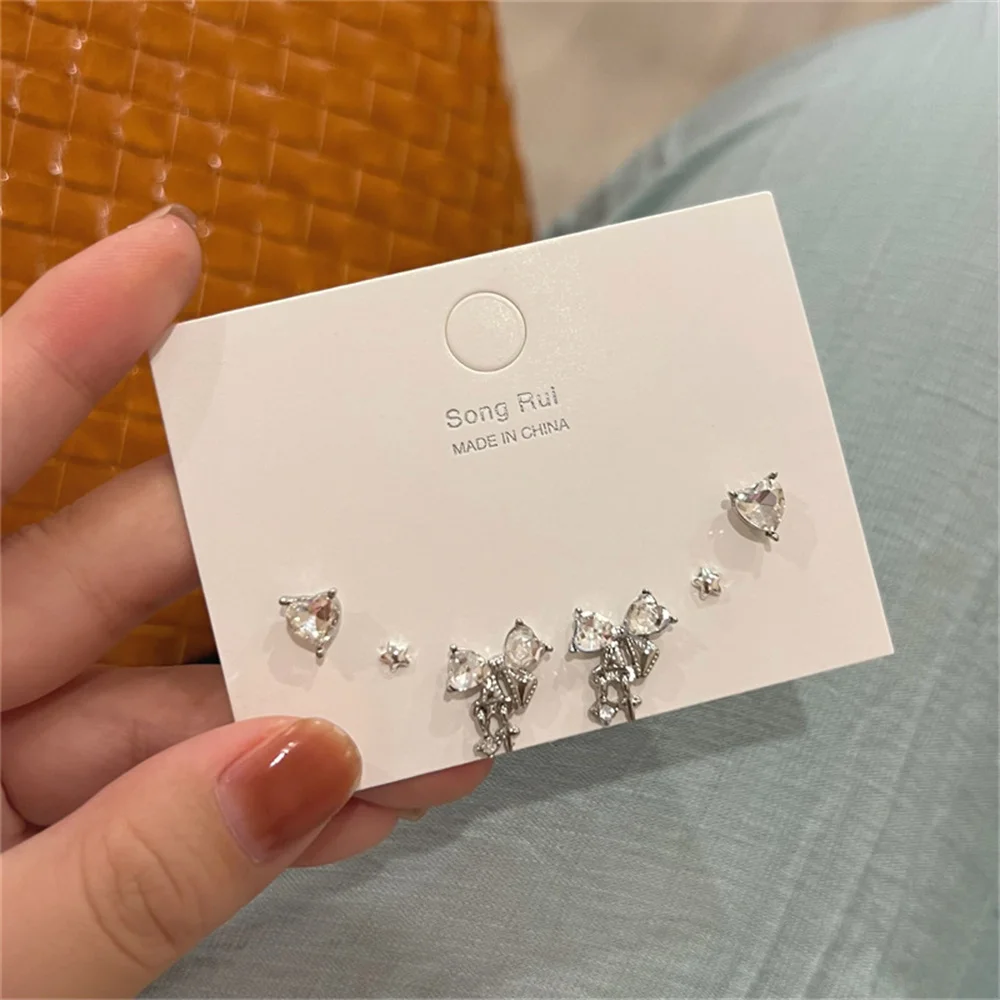 Shiny Y2k Silver Color Crystal Rhinestone Butterfly Heart Bowknot Stud Earrings Set for Women Teen Kpop Delicate Earring Jewelry image 6