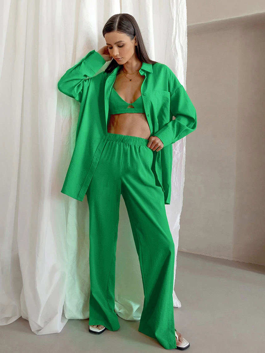 Marthaqiqi Casual Women Pajama 3 Piece Set Long Sleeve Turn-Down Collar Robe Sexy Tank Tops Nightie Pants Ladies Sleepwear Suit