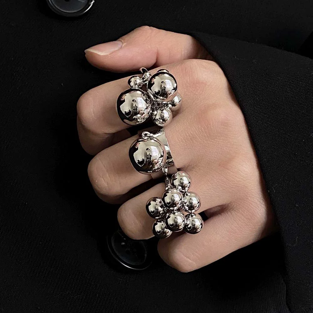 Vintage Metal Beaded Open Adjustable Ring for Women European American Personality Party Trendy Finger Jewelry Accessory