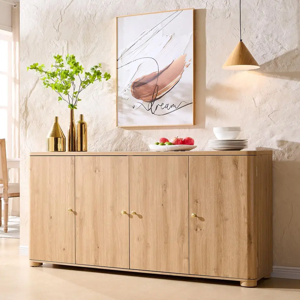 

Curved Buffet Cabinet with Doors, 66 Large Sideboard Buffet Storage Cabinet with 4 Doors and Shleves, Modern Coffee Bar Station
