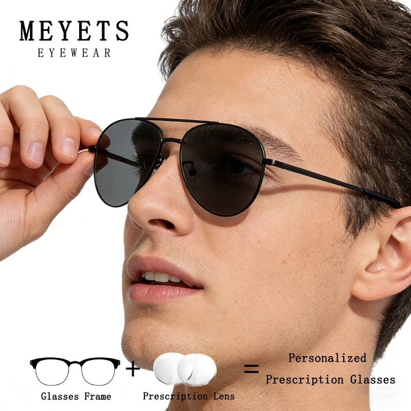 MEYETS hommes nouveau aviateur rétro conduite lunettes de soleil Anti UV Double pont alliage de titane optique personnalisé lunettes de Prescription