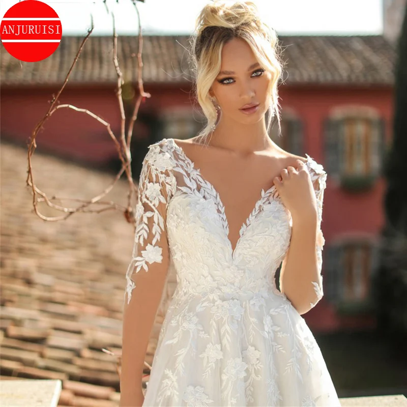 

V Neck Bridal Dresses Long Sleeves Lace Appliques Wedding Gowns For Women Backless Vestidos De Noiva Mariage Customized