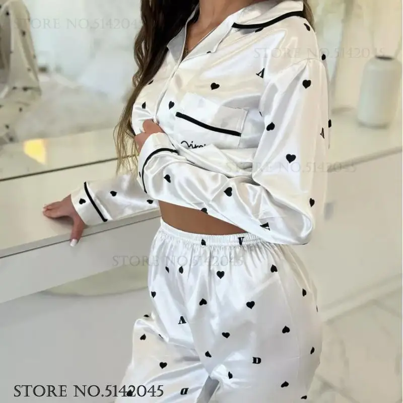 Fashion Leopard Women\'s Sleepwear Pajamas Set Silky Satin Home Clothing Trouser Pijamas Suit Spring Loose Nightwear Lounge Wear