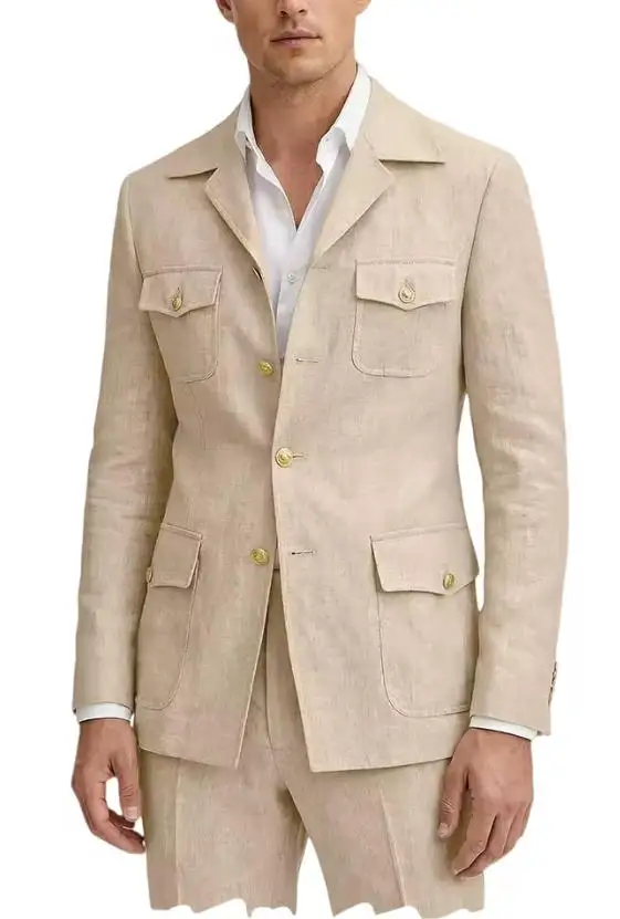 Men's Linen Suit Slim Fit Formal Business Casual 2 Piece Blazer Pants Set Multi-Pocket Safari Style Jacket Trousers for Summer