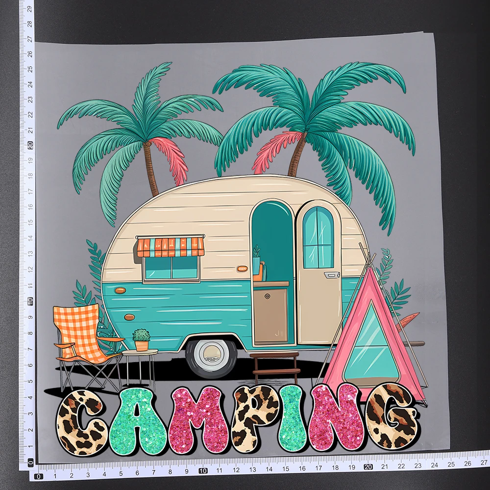 25CM Go Camping Camper Van Bonfire Love Transfer Patches For Clothes DIY A-Level Washable Shirt Iron-on Thermal Stickers