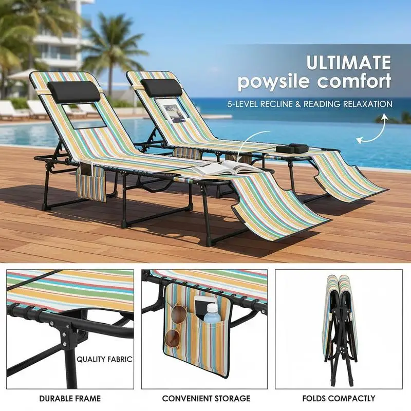2 Piece Folding Chaise Lounge Pool Chairs with 5-level Reclining Back, Reading Hole, Side Pocket, Rainbow Striped view 6