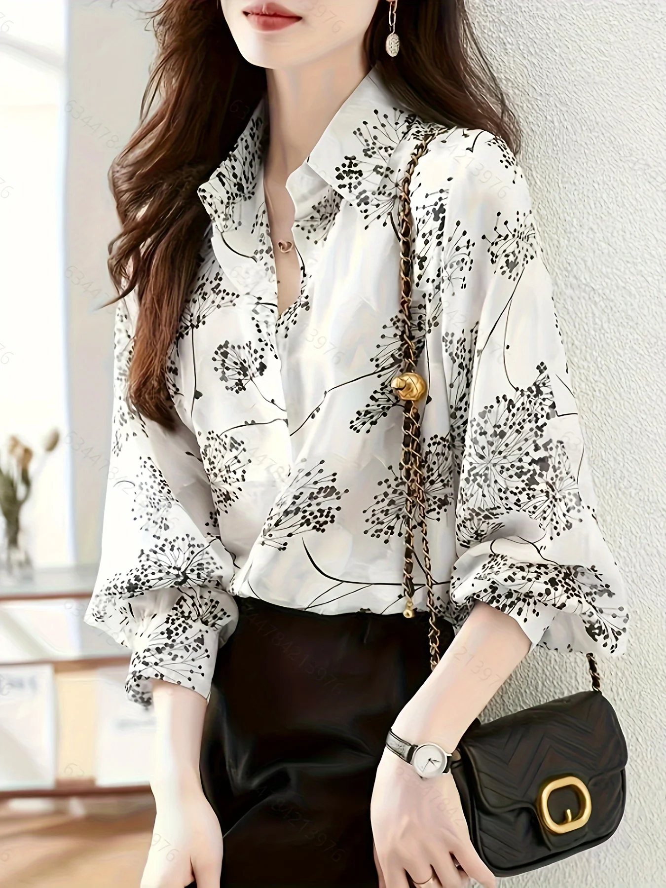 Spring and autumn new French print fashion loose thin lapel long sleeve chiffon shirt blouse for women