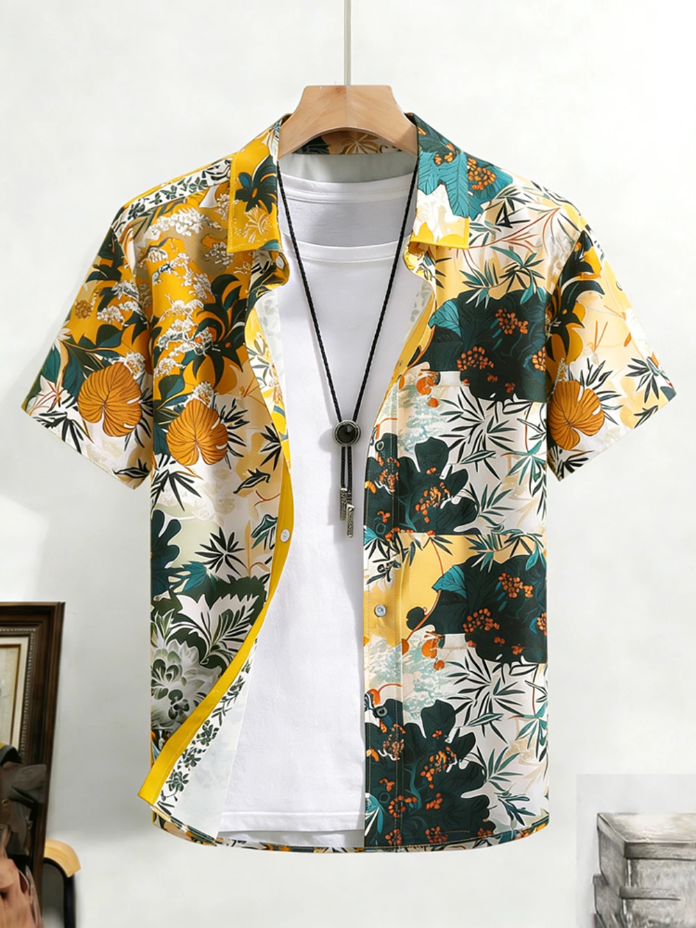 Men's Simple Leisure Short-Sleeve Shirt Colorful Plant High-Definition Printed Shirt Breathable Hawaiian Outdoor Men's Clothing