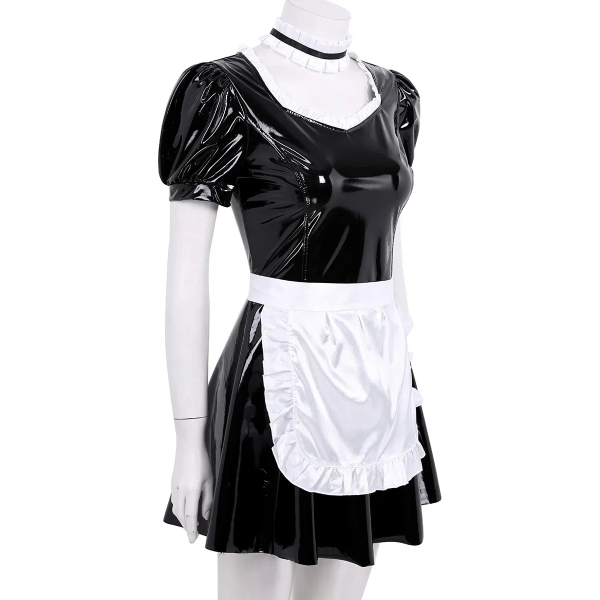 Vestito da cameriera francese sexy da donna in pelle PU Costumi cosplay da cameriera esotica Taglio in pizzo Lattice Sissy Lolita Abito dolce