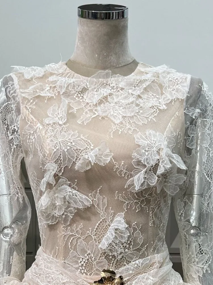 DFDG Vestido de encaje con volantes y bordado floral vintage para mujer con dobladillo ondulado plisado Retro Boho Chic 2025 Primavera Verano Vestido de fiesta informal