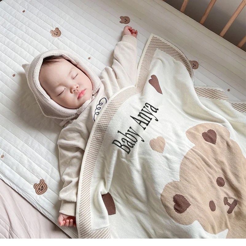 

Personalized Knitted Blanket, Baby Swaddling, Newborn Accessories, Bear, Children's Winter Warmth, Bed Covers, Bedding