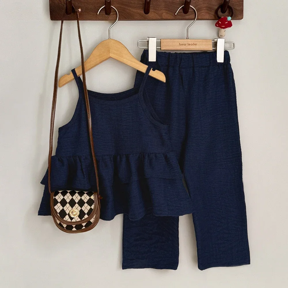 

2025 Solid Color Simple Casual Style Pleated Suspender Top+Pants 2-piece Set Summer Girls Clothes 3-7 Year Old Children Outfits