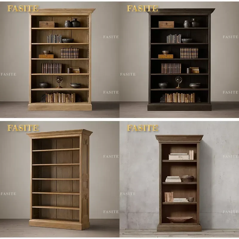 For French Rural Retro Oak Bookshelf Modern Solid Wood Dining Side Cabinet Simple Home Storage Furniture