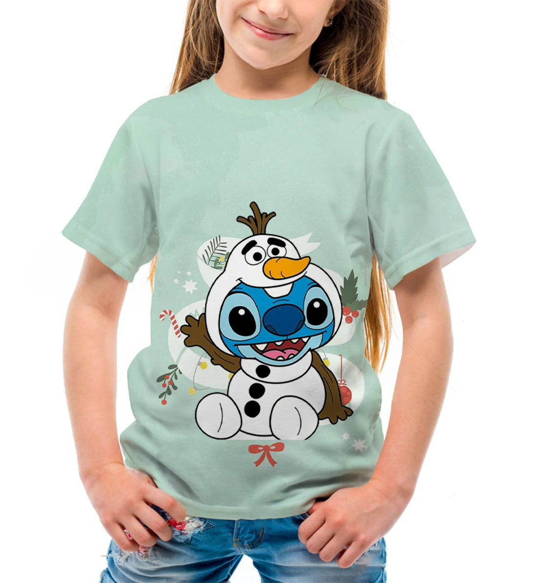 Novedad de verano para niñas, camiseta holgada y cómoda con estampado de dibujos animados de Navidad de Disney Stitch, camiseta de manga corta para niños, Top de cuello redondo