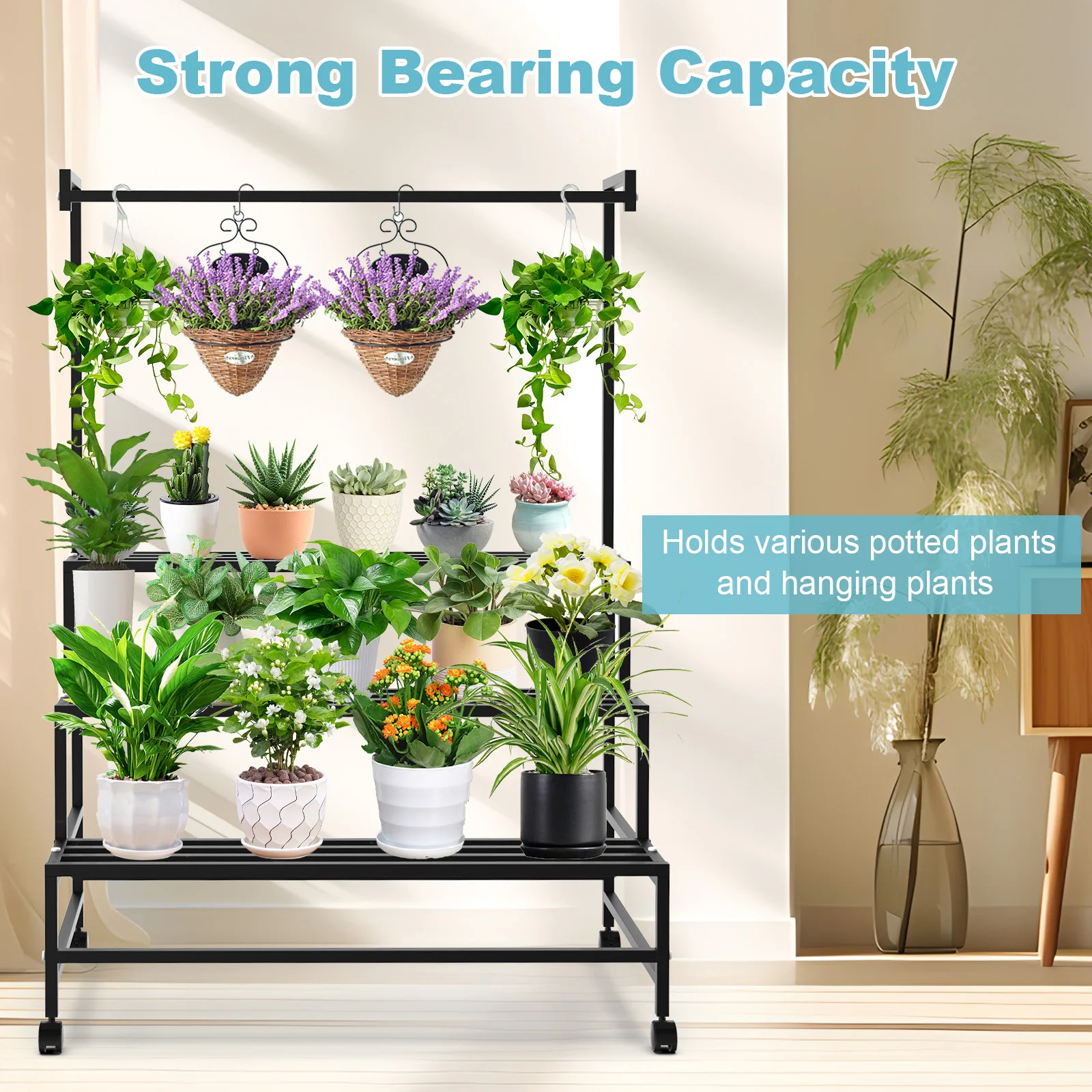 Plant Stand with Wheels Heavy Duty Metal 3-tier Ladder Hanging Shelf Holder Storage Pot Rack Plant Organizer Living Room Garden