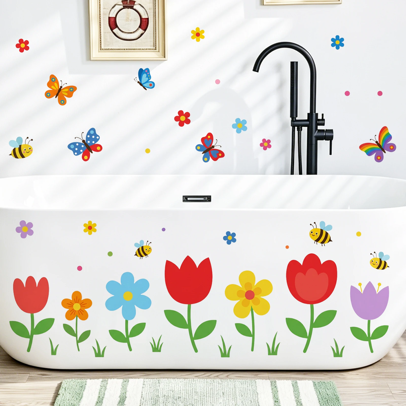 Vibrant Floral Wall Sticker, Bright Tulips, Flowers, Butterflies and Bees Vinyl Wall Decal for Home Decor