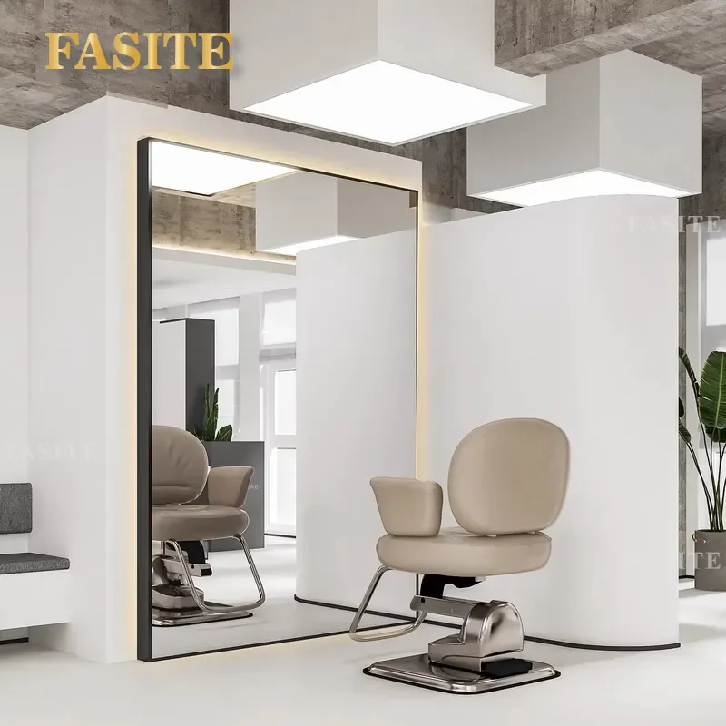 For Hair Barber Shop Floor Mirror with Lamp Single Double Sided Trendy Styling Station for Perm Dye Cutting Modern