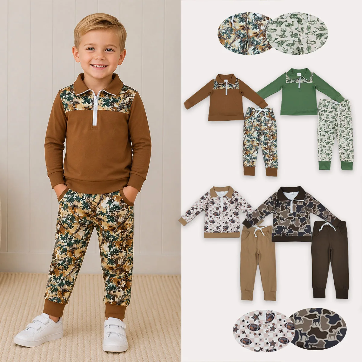 Kids Clothes Baby Boy Fall Long Sleeve Camo Zipper Pullover Pocket Jogger Pant Hunting Sets Toddler Boutique Chidlren Clothing