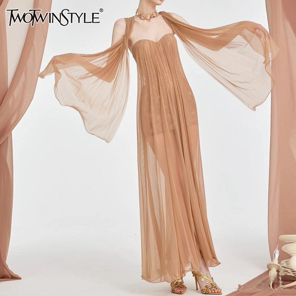 TWOTWINSTYLE Solid Sheer Spliced Mesh Elegant Dresses for Women Strapless Sleeveless Patchwork Sequins Dress Female Clothing New