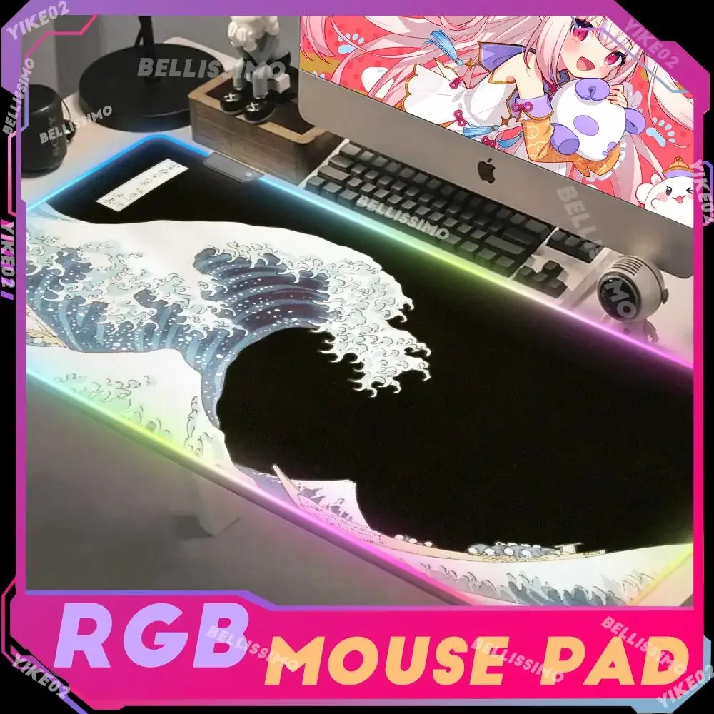 RGB Cool non-slip Kanagawa wave Mouse Pad Deskmat Keyboard  Office Xxl Great Wave Off Art Back Light HD printing Gamer Tablemat