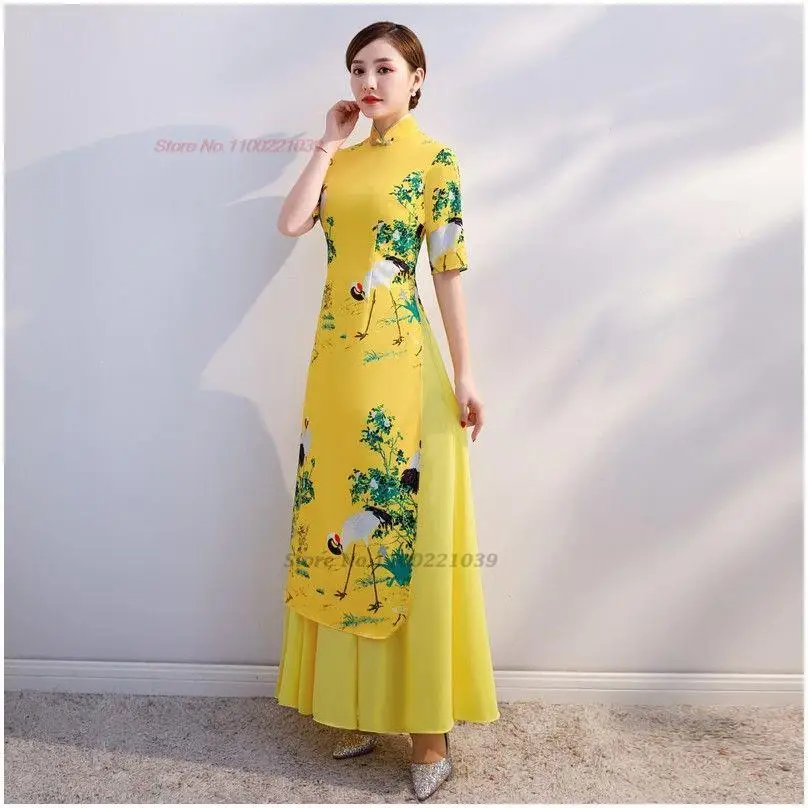 2024 vietnam aodai dress national flower print cheongsam qipao dress vietnamese vintage dress elegant women traditional dress