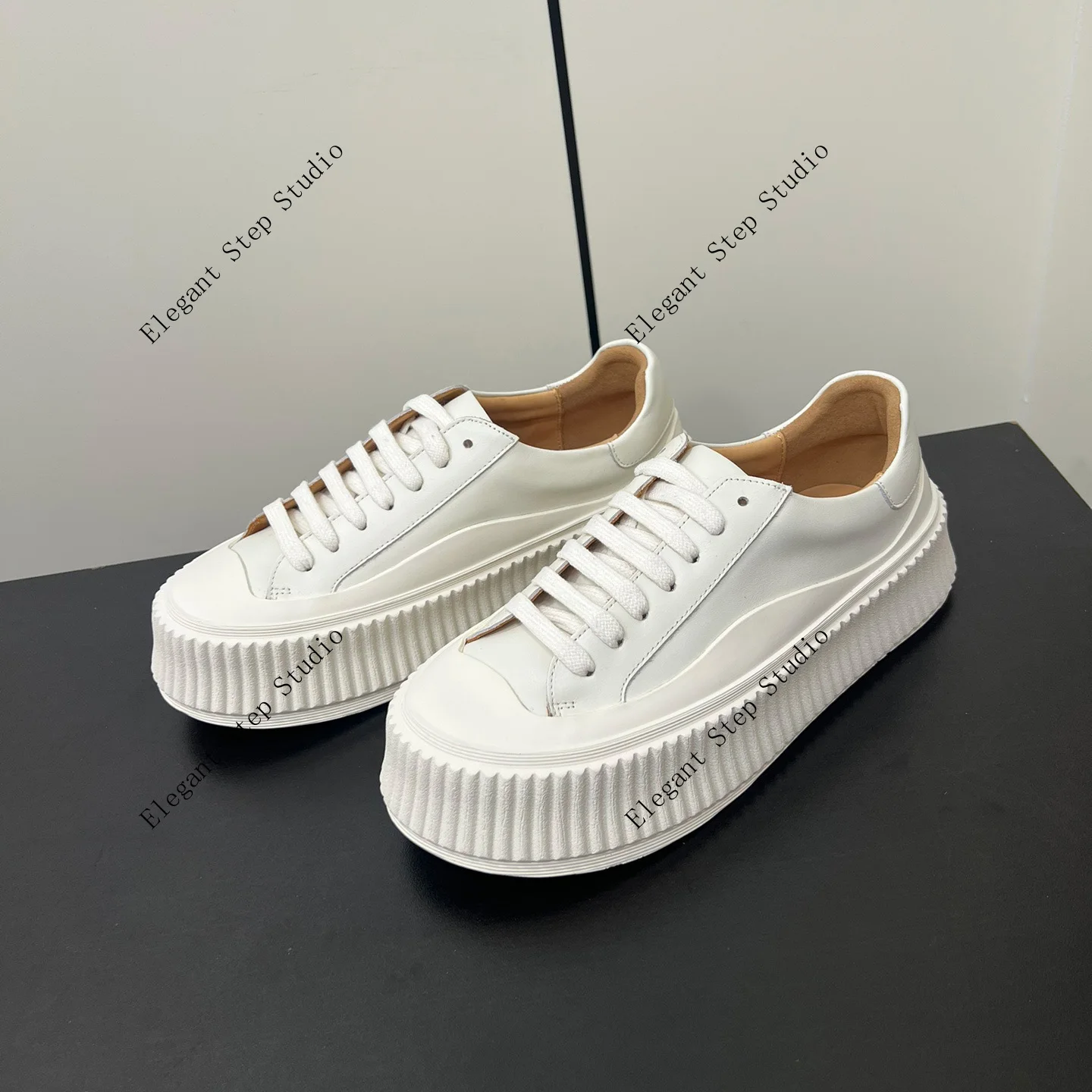Unisex Shoes Leather Platform Sneakers Low-top Lace-up White