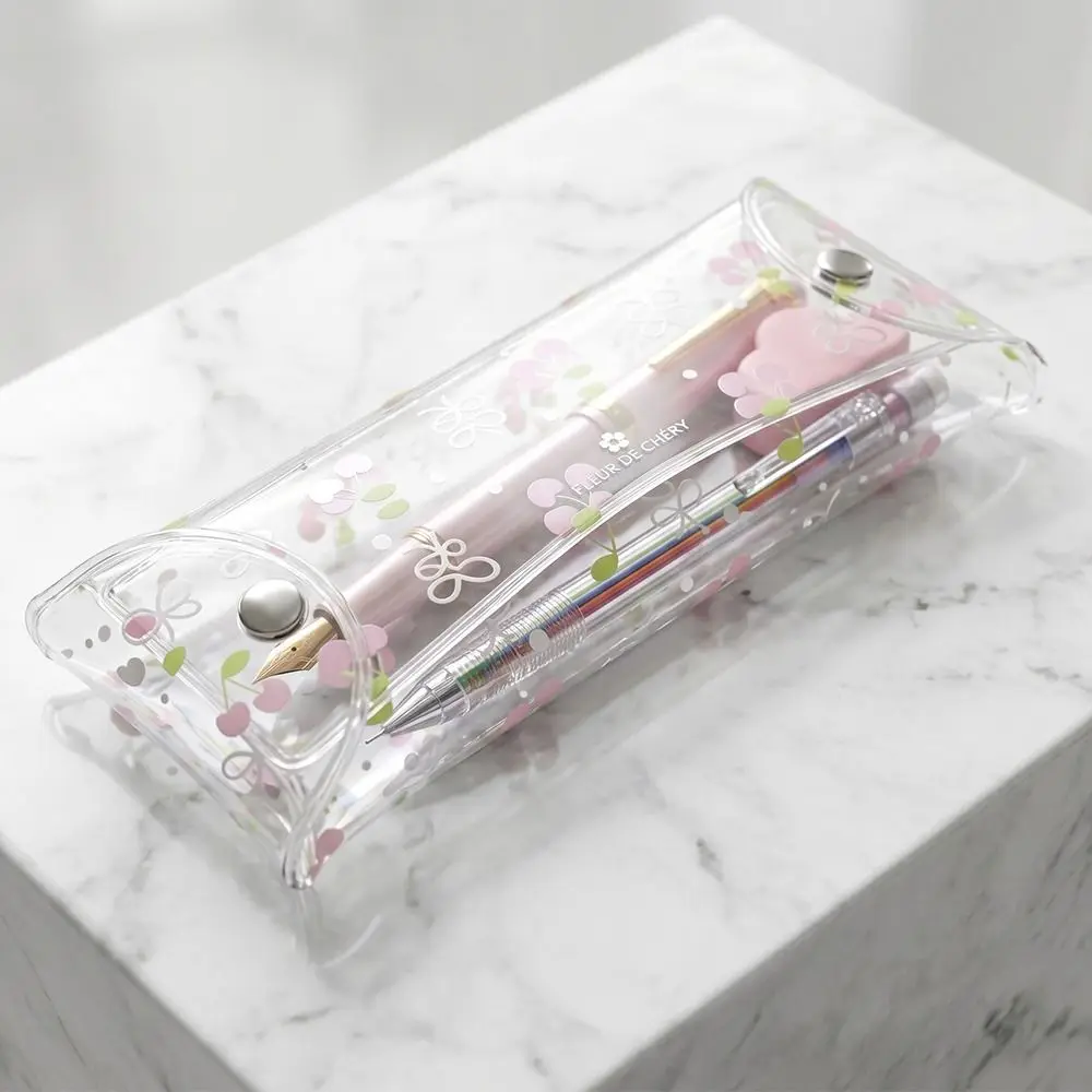 INS PVC Pencil Case Transparent Snap-button Type Pen Bag Strawberry/Cherry Print Stationery Bag Students Gift