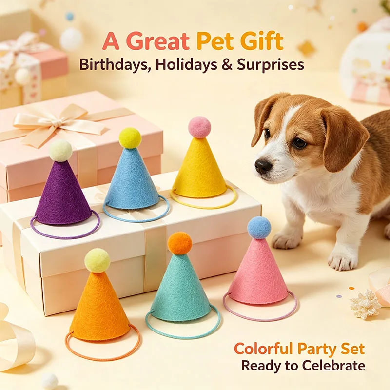 6/12Pcs Felt Mini Pet Party Hats  Lightweight SturdyColorful Cone Hat For Dog Cat Rabbit Animal Birthdays and Parties Decor PDM8