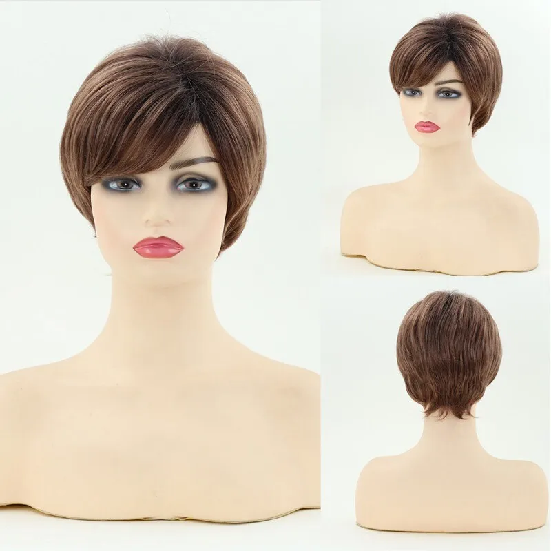 

Women Party Wig Natural Golden Brown Short Hair Heat Resistant Full Wigs