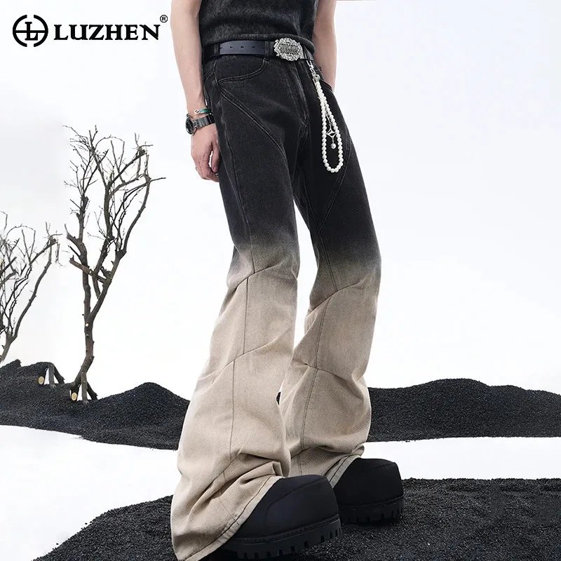 LUZHEN 2024 Pleated Scrawl Design Washed Denim Pants Original New Personalized Trendy Street Men's Wide Leg Bell Bottoms LZ7183