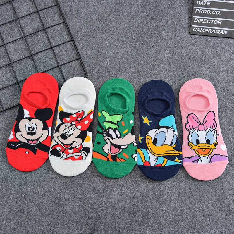 5Pairs Cotton Women Sock Mickey Minnie Winnie Daisy Cartoon Girl Slipper Sock Funny Cute Non-slip Silicone Invisible Ankle Sock