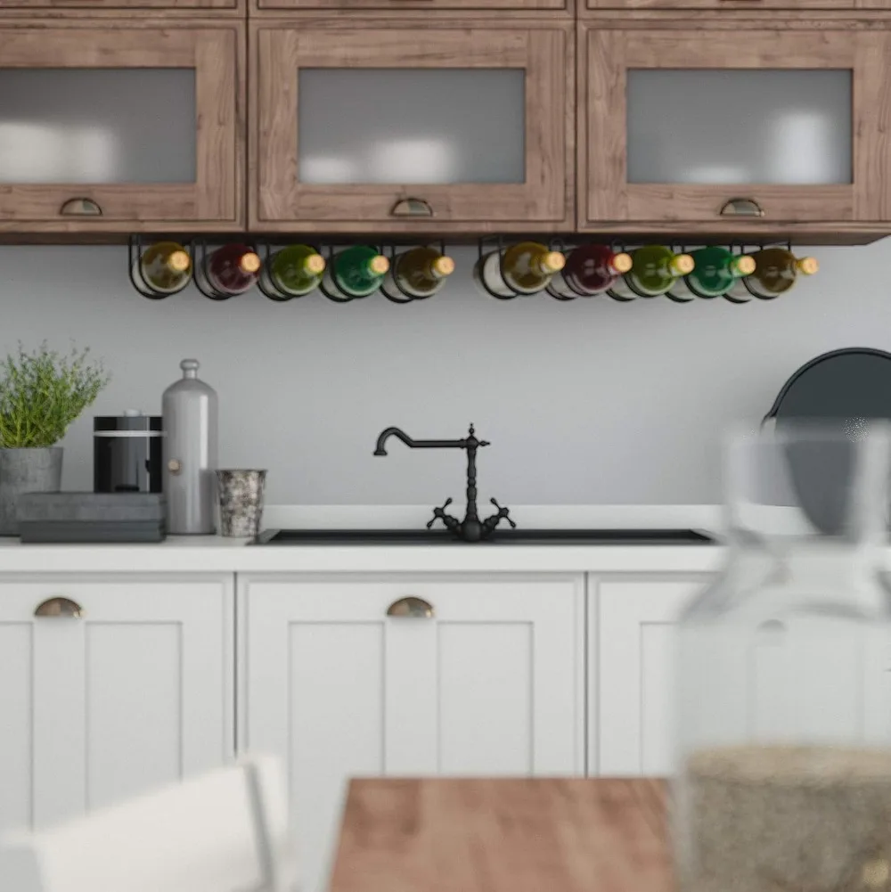 Under Cabinet Wine Rack for 5 Bottles, Space-Saving Kitchen Storage, Easy Installation, Heavy Duty Metal Black