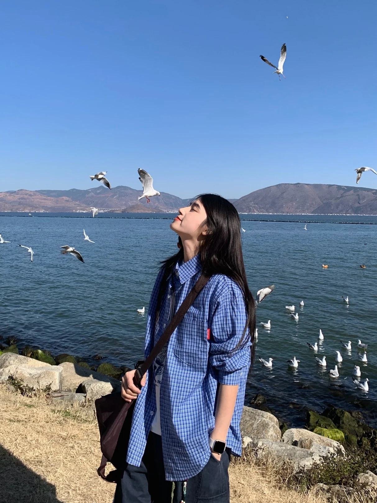 

Ретро-американская синяя клетчатая рубашка свободного кроя с длинным рукавом и отложным воротником, женская, весна 2026, дышащий хлопковый повседневный топ