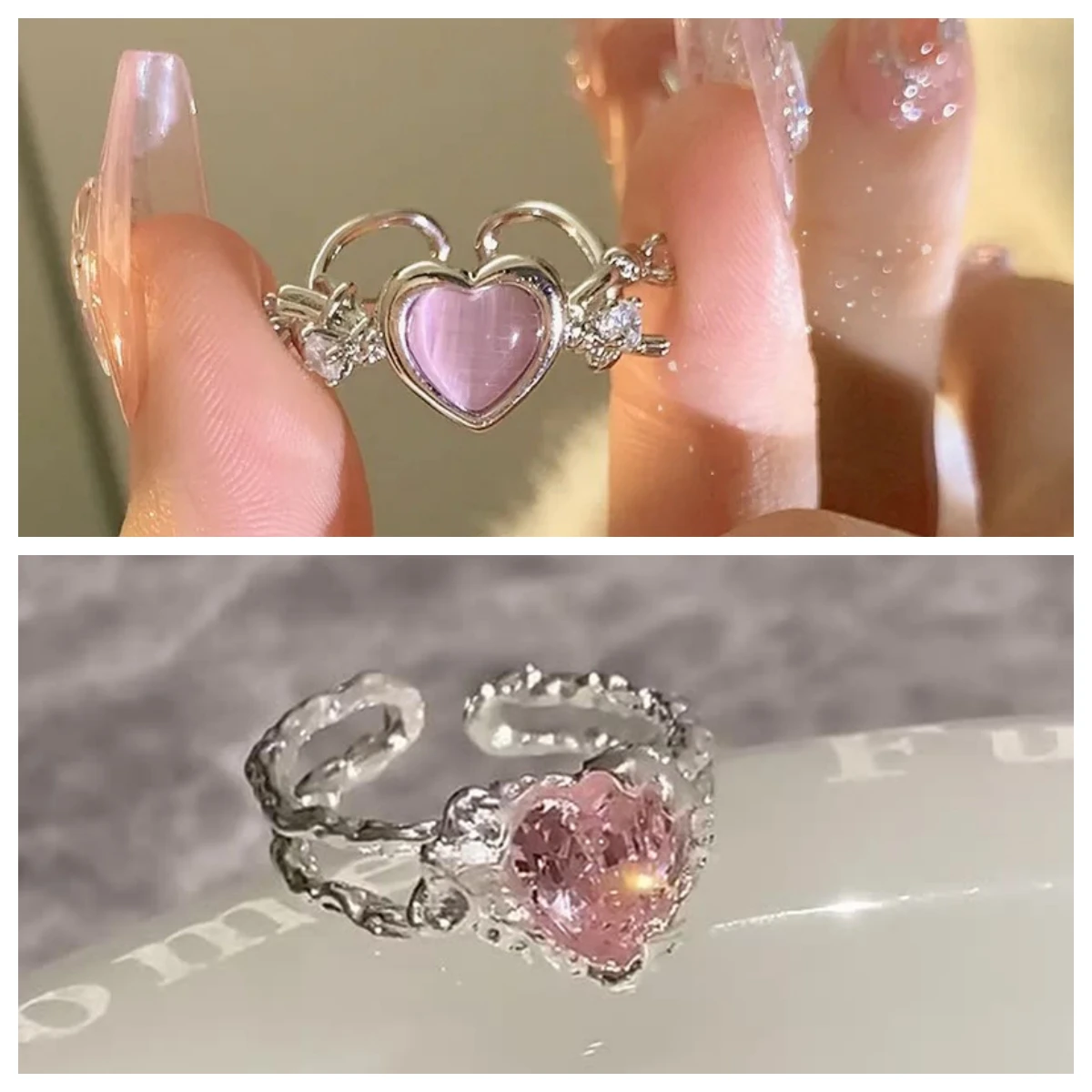 Y2K Pink Crystal Irregular Heart Ring Vintage Shiny Zircon Opal Open Ring for Women Kpop Girl Party Jewelry Valentine's Gifts