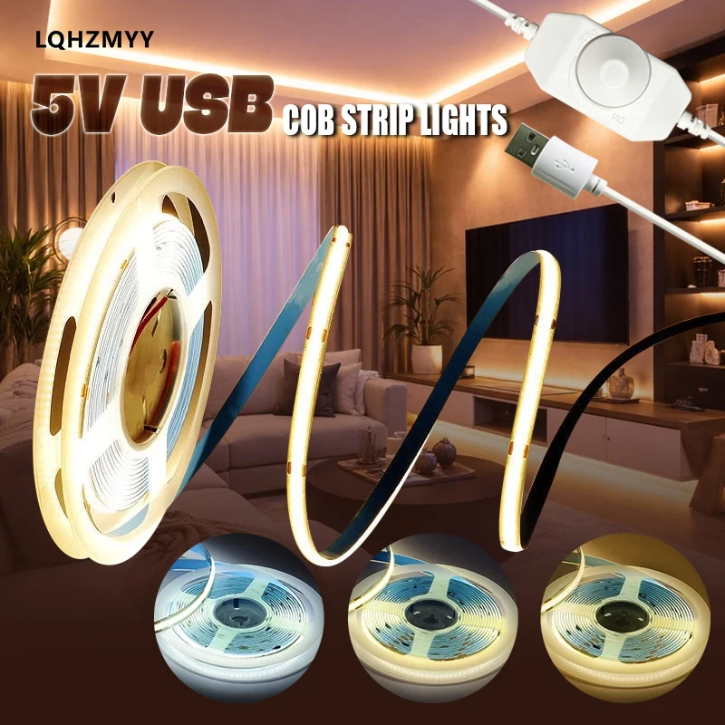 1 Led Light Strip with Knob Dimmer, Low Voltage 5V, USB Powered, Cob Flexible Spotless Led Strip, Adjustable Light Brightness, White Light/Neutral Light/Warm Light, Suitable for Space-Themed Decorations/Christmas/Hallo