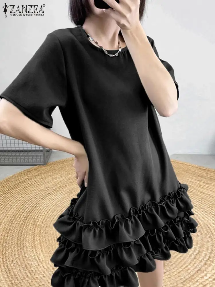 ZANZEA Women Multilayer Ruffle Sundress Chic Pleated Evennig Party Dress Summer Vintage Short Sleeve Robes Casual Loose Dresses