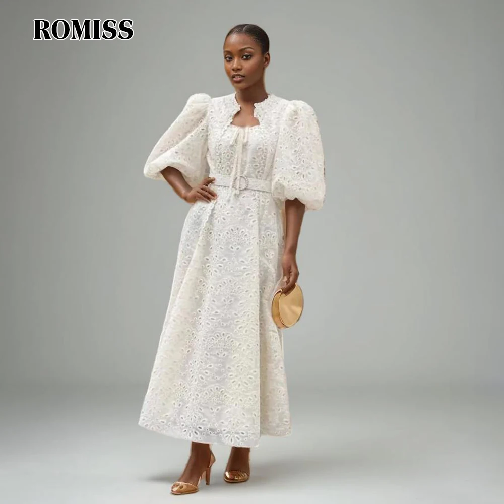 

ROMISS Solid Patchwork Embroidery Dresses For Women Round Neck Puff Sleeve High Waist Spliced Lace Up Long Dress Female Fashion