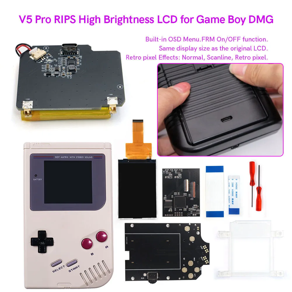

Перезаряжаемый комплект для модификации DMG V5 Pro с IPS-экраном, корпусом RIPS, цветным корпусом, подсветкой OSD FRM, LCD-модом и динамиком для DMG GBO GB, оригинальный размер