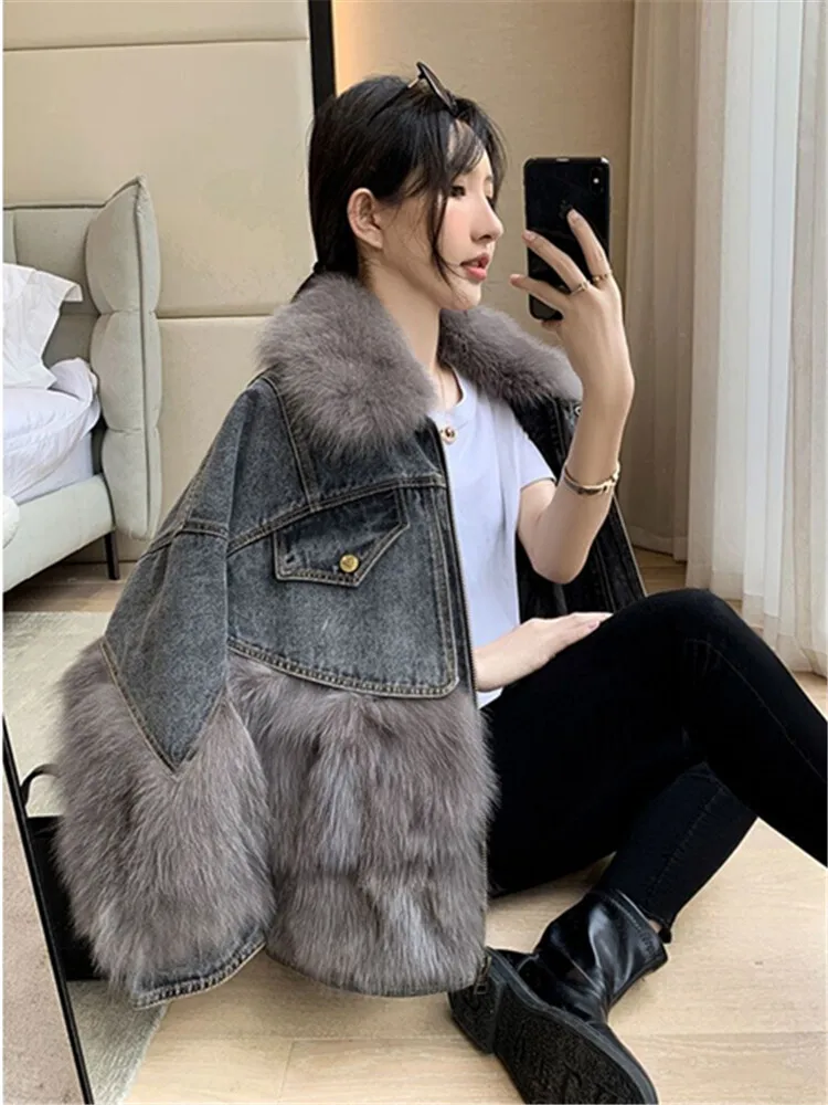 BZVW Elegant Denim Patchwork Fur Coat Womne's 2024 Winter New Lapel Singhle Button Contrast Color Elegant Jackets 25Z1240