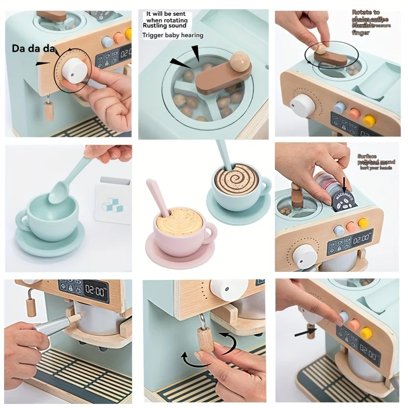 木製コーヒーマシンおもちゃセット - 子供用カフェロールプレイングと早期発達ゲームおもちゃ、親子の交流用