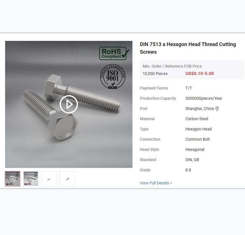 DIN 7513 a Hexagon Head Thread Cutting Screws ，  US $0.10-5.00 / Piece | 10,000 Pieces (Min. Order)