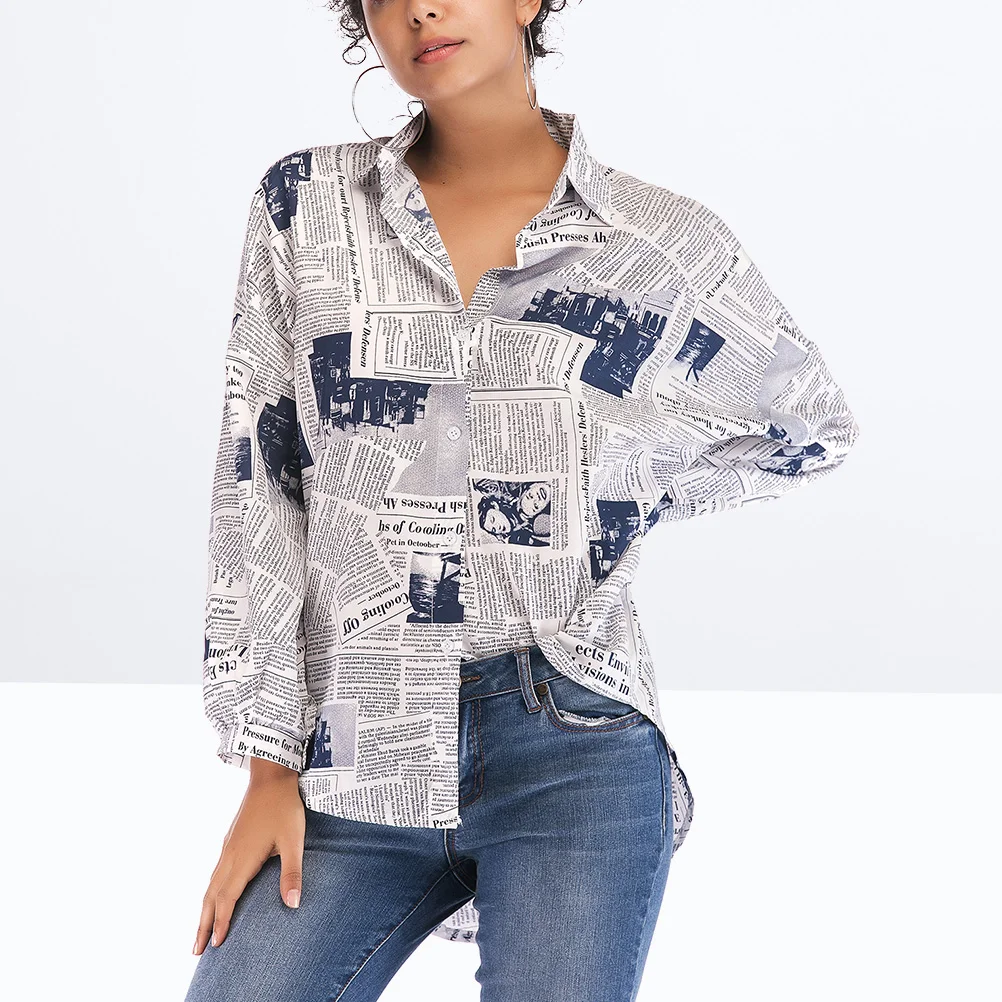 Chic and Charming Blouse Single-breasted Shirt Lapel Women Stylish Women's Newspaper for Long Sleeve