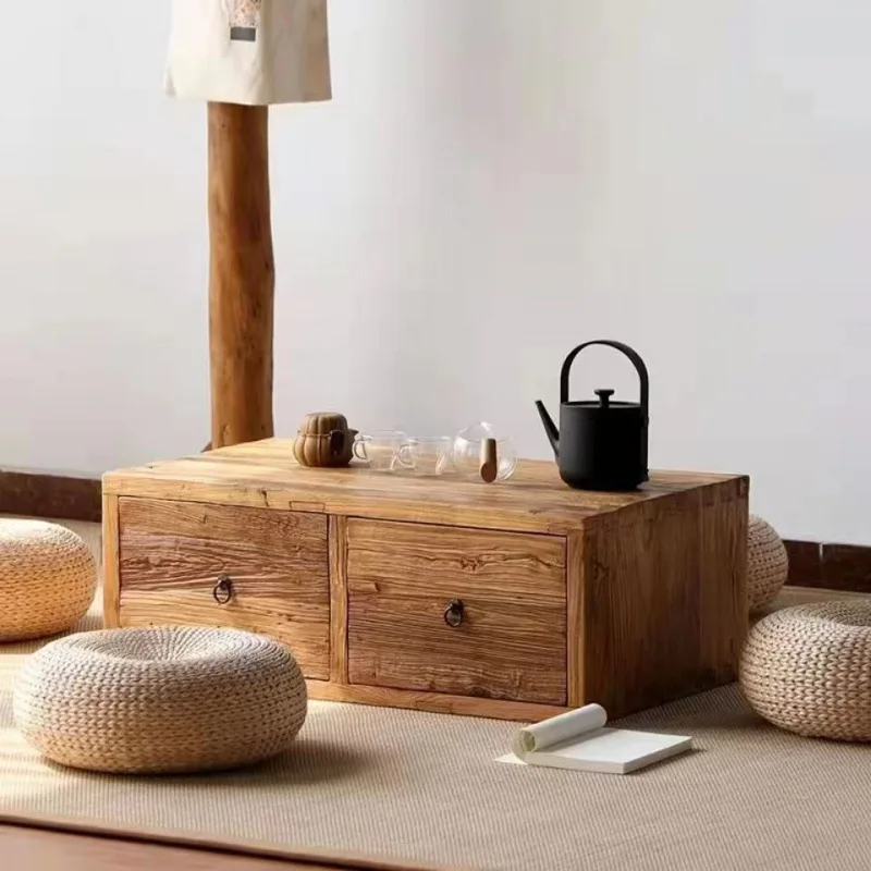 

New Chinese old elm tatami household balcony bay window small square table simple solid wood tea table with drawer tea table
